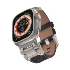 Apple Watch 6 5 4 3 2 1 SE 42 44 mm uyumlu Metal Aksamlı Suni Deri Kordon Dikişli Premium Kayış