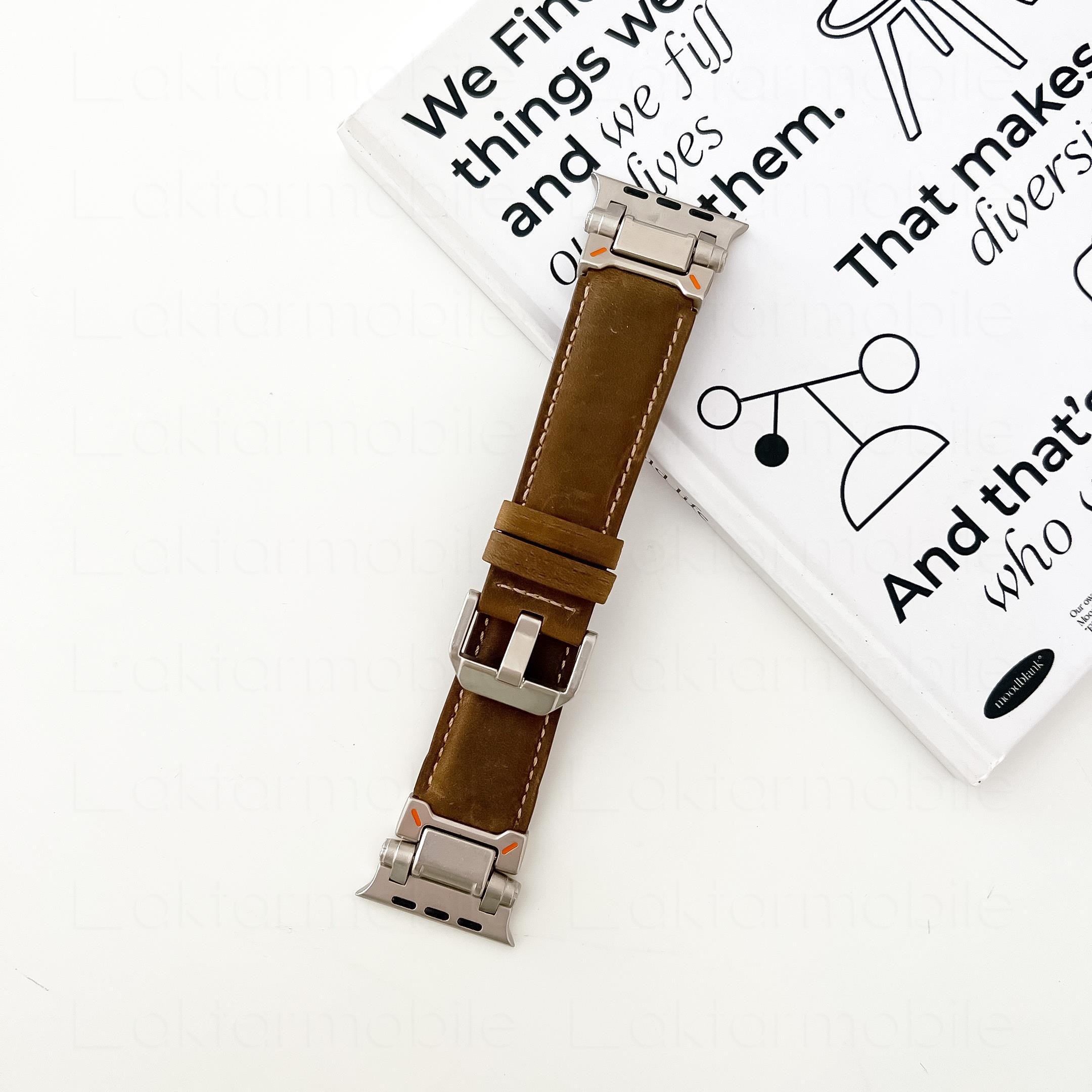 Apple Watch 6 5 4 3 2 1 SE 42 44 mm uyumlu Metal Aksamlı Suni Deri Kordon Dikişli Premium Kayış Açık Kahve