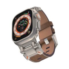 Apple Watch 6 5 4 3 2 1 SE 42 44 mm uyumlu Metal Aksamlı Suni Deri Kordon Dikişli Premium Kayış Açık Kahve