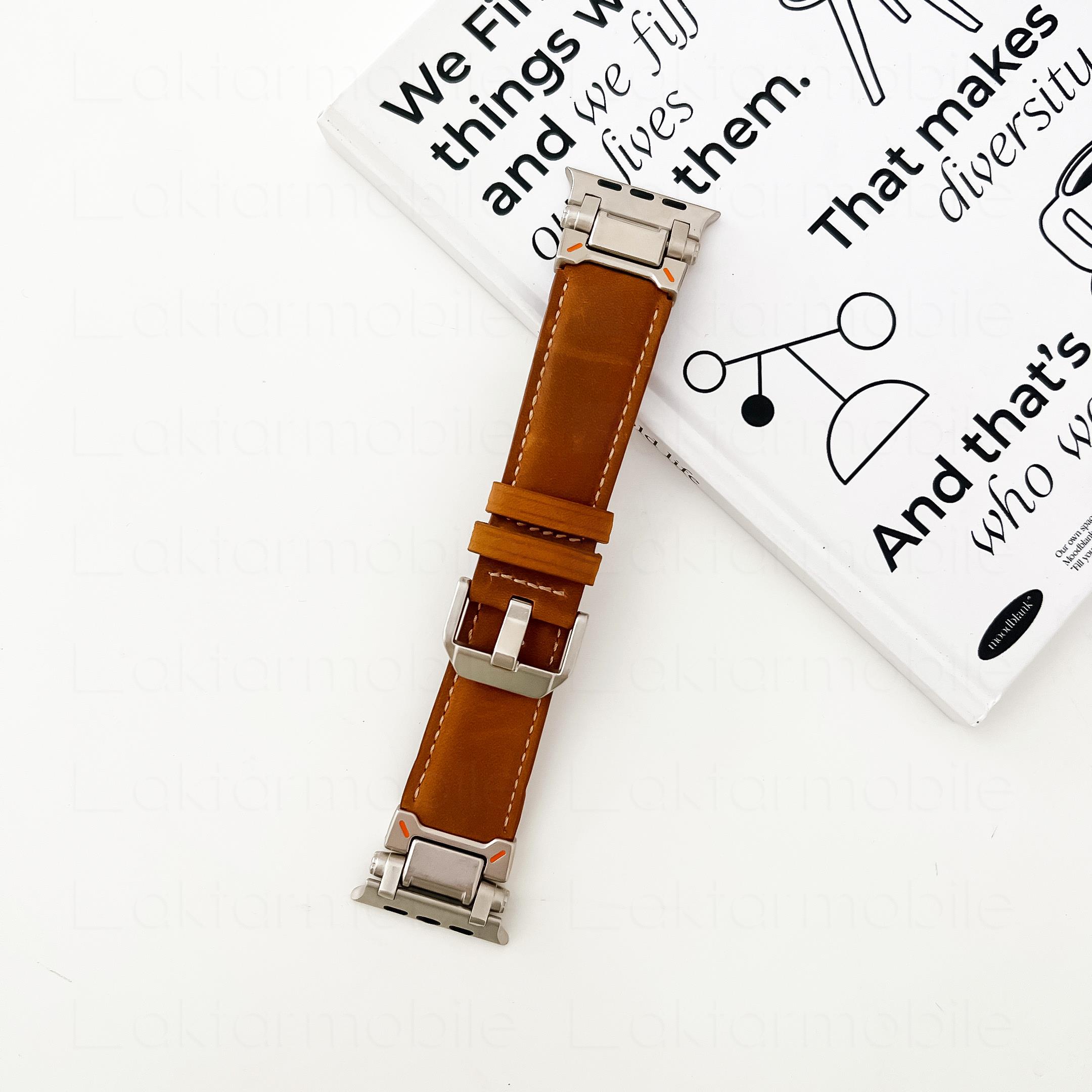 Apple Watch 6 5 4 3 2 1 SE 42 44 mm uyumlu Metal Aksamlı Suni Deri Kordon Dikişli Premium Kayış Taba