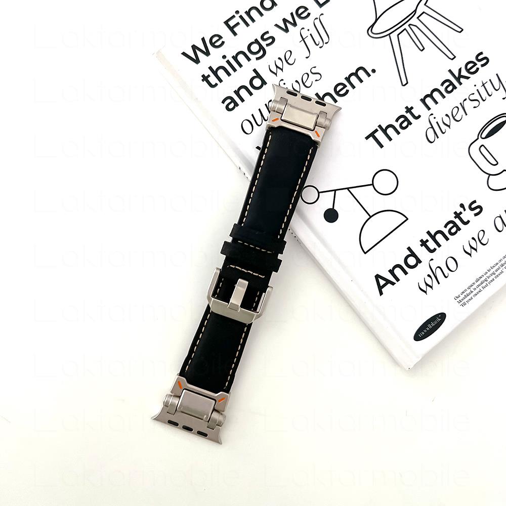 Apple Watch 6 5 4 3 2 1 SE 42 44 mm uyumlu Metal Aksamlı Suni Deri Kordon Dikişli Premium Kayış Siyah