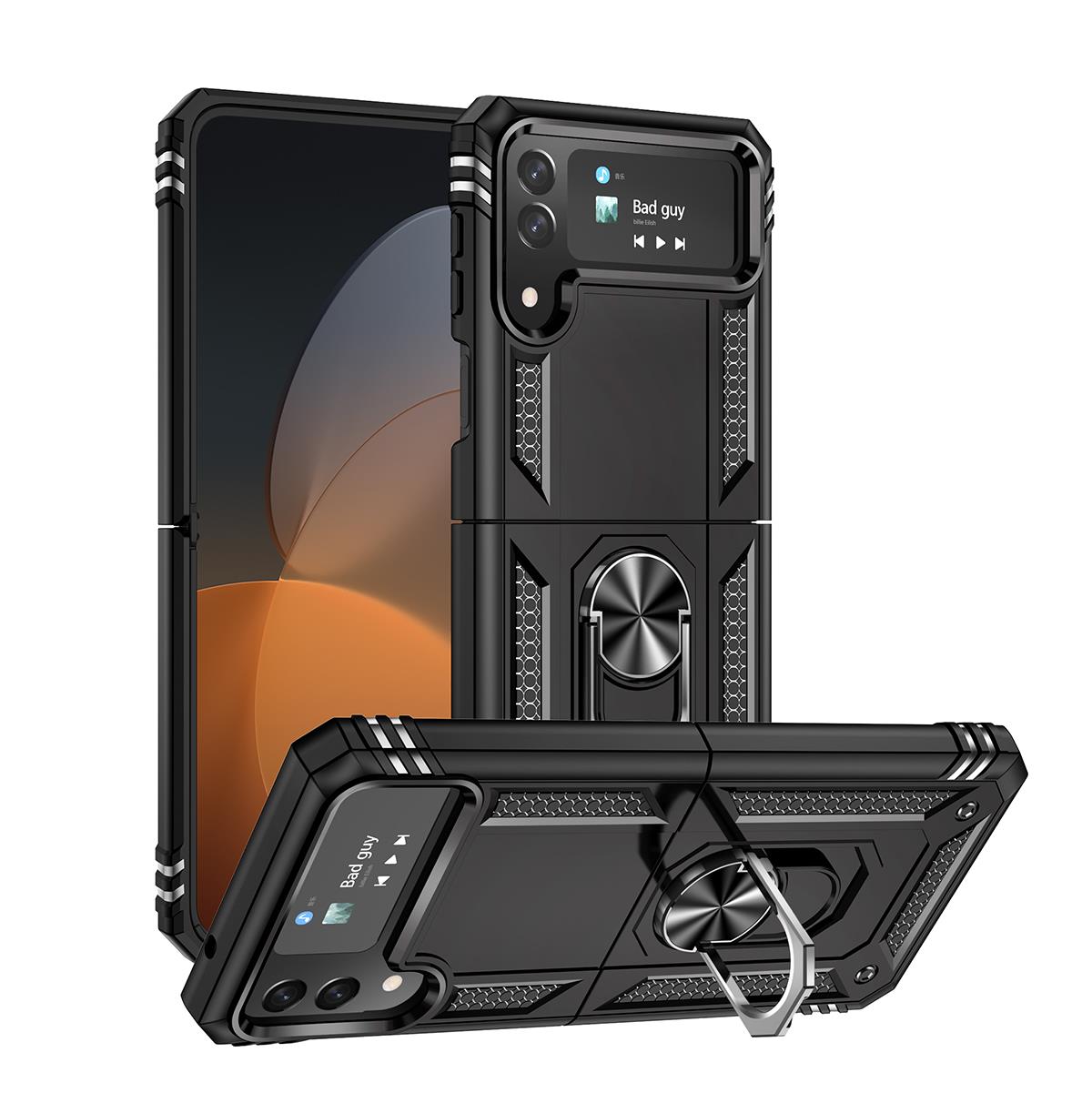 Samsung Galaxy Z Flip 4 Kılıf Metal Yüzüklü Silikon Kapak Tam Uyumlu Standlı Ultra Üstün Koruma Siyah
