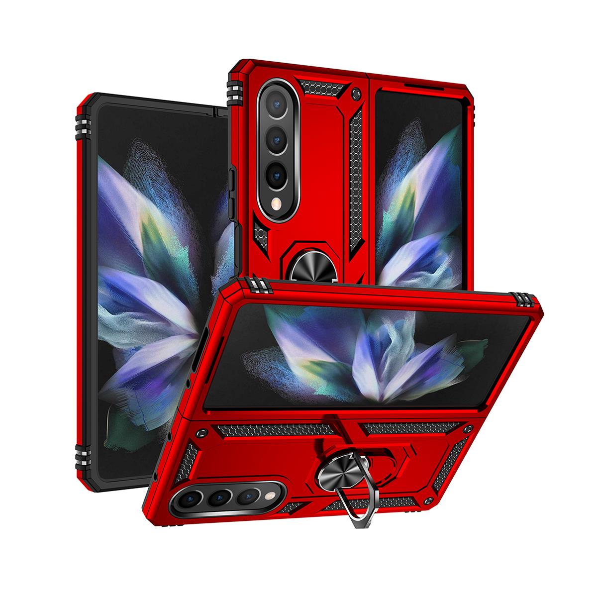 Samsung Galaxy Z Fold 4 Kılıf Metal Yüzüklü Silikon Kapak Tam Uyumlu Standlı Ultra Üstün Koruma Kırmızı