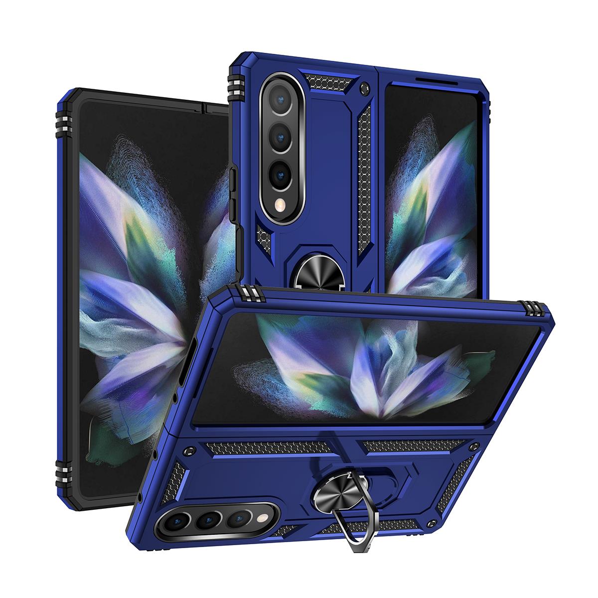 Samsung Galaxy Z Fold 4 Kılıf Metal Yüzüklü Silikon Kapak Tam Uyumlu Standlı Ultra Üstün Koruma Lacivert