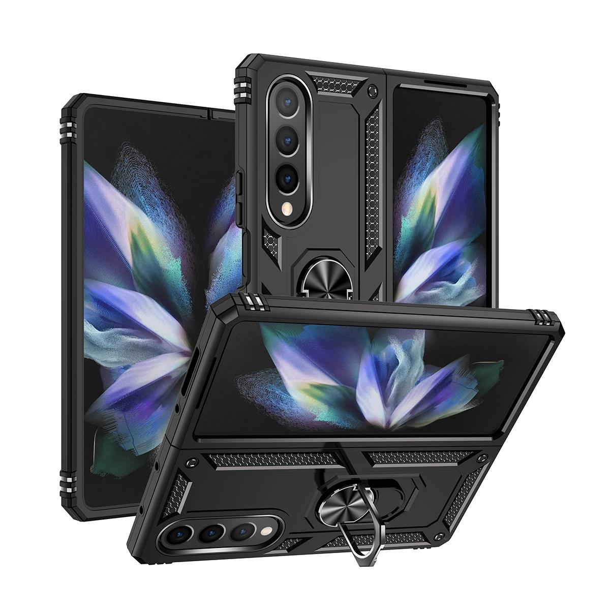 Samsung Galaxy Z Fold 4 Kılıf Metal Yüzüklü Silikon Kapak Tam Uyumlu Standlı Ultra Üstün Koruma Siyah