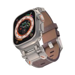 Apple Watch Ultra / Ultra 2 49 mm uyumlu Metal Aksamlı Suni Deri Kordon Dikişli Premium Kayış