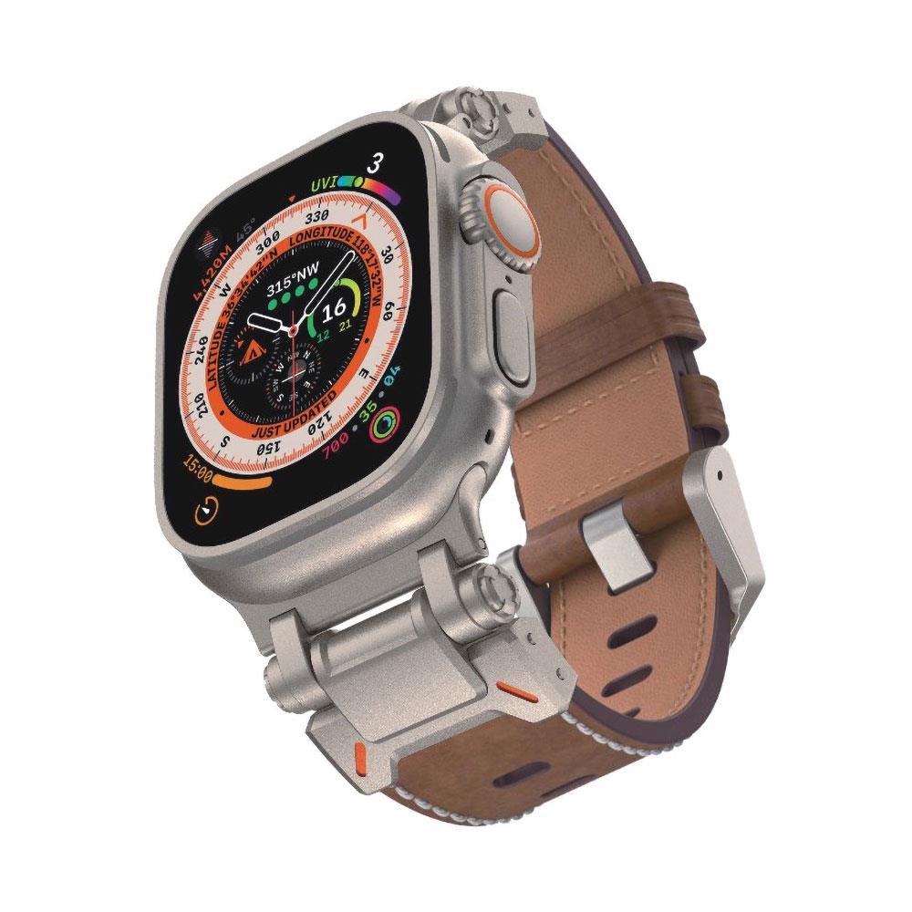 Apple Watch Ultra / Ultra 2 49 mm uyumlu Metal Aksamlı Suni Deri Kordon Dikişli Premium Kayış Açık Kahve