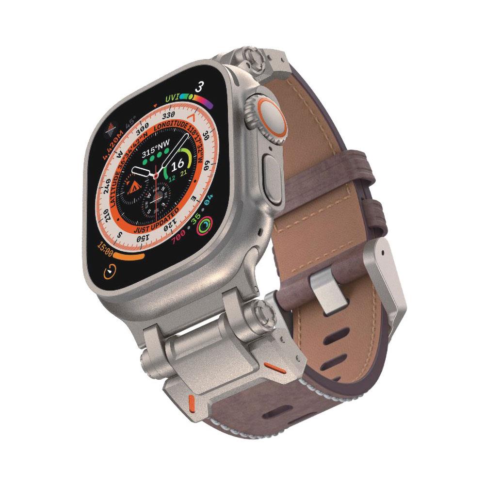 Apple Watch Ultra / Ultra 2 49 mm uyumlu Metal Aksamlı Suni Deri Kordon Dikişli Premium Kayış Koyu Kahve