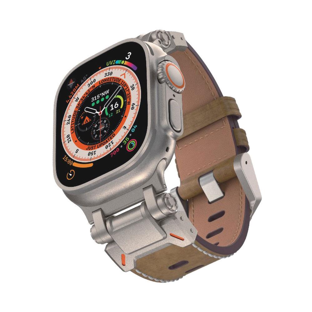 Apple Watch Ultra / Ultra 2 49 mm uyumlu Metal Aksamlı Suni Deri Kordon Dikişli Premium Kayış Taba