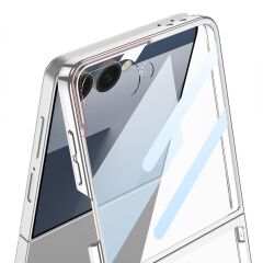 Galaxy Z Flip 7 uyumlu MagSafe Kılıf Ön Ekran Koruyuculu Şeffaf Kapak Standlı Metalik Kenarlı