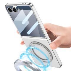 Galaxy Z Flip 7 uyumlu MagSafe Kılıf Ön Ekran Koruyuculu Şeffaf Kapak Standlı Metalik Kenarlı