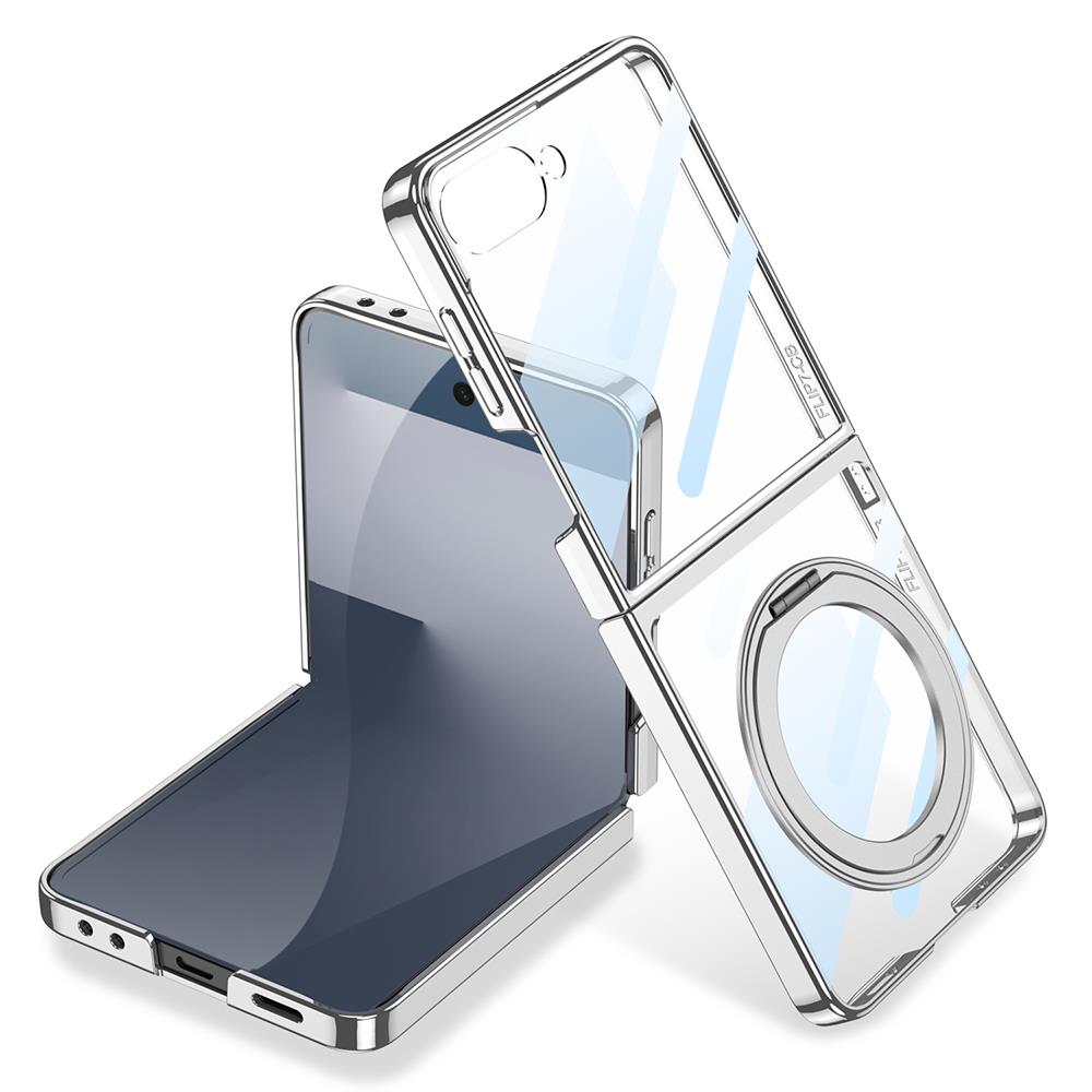 Galaxy Z Flip 7 uyumlu MagSafe Kılıf Ön Ekran Koruyuculu Şeffaf Kapak Standlı Metalik Kenarlı Gümüş