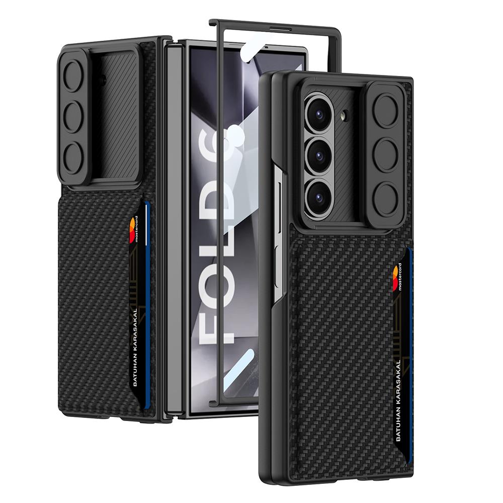 Samsung Galaxy Z Fold 6 uyumlu Kartlıklı Kılıf Sürgülü Kamera Korumalı Karbon Desenli Premium Kapak