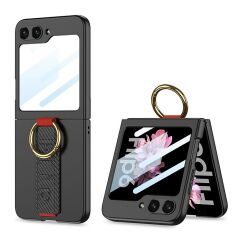 Samsung Galaxy Z Flip 6 uyumlu Yüzüklü Standlı Kılıf Kamera Korumalı Premium Kapak Mat Tasarım Siyah Karbon