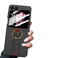 Samsung Galaxy Z Flip 6 uyumlu Yüzüklü Standlı Kılıf Kamera Korumalı Premium Kapak Mat Tasarım Siyah Karbon