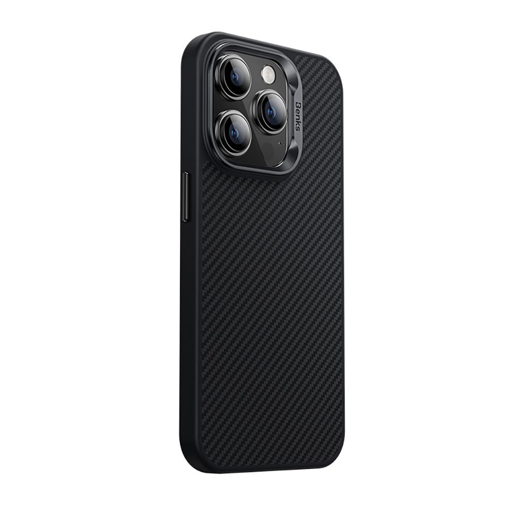 Apple iPhone 15 Pro Kılıf Karbon Fiber Magsafe Şarj Özellikli Benks Hybrid ArmorPro 600D Kevlar Kapak Siyah