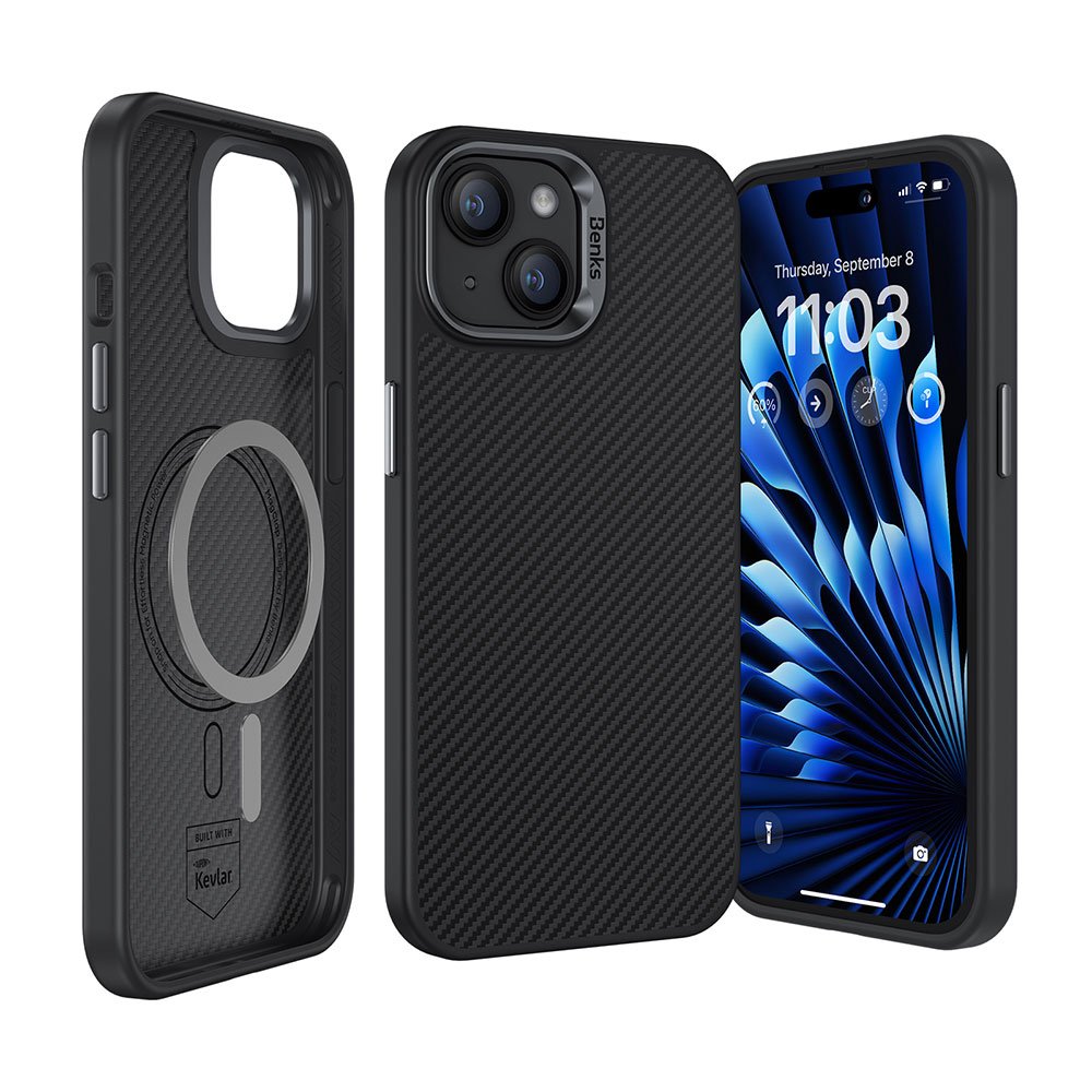 Apple iPhone 15 Plus Kılıf Karbon Fiber Magsafe Şarj Özellikli Benks Hybrid ArmorPro 600D Kevlar Kapak Siyah