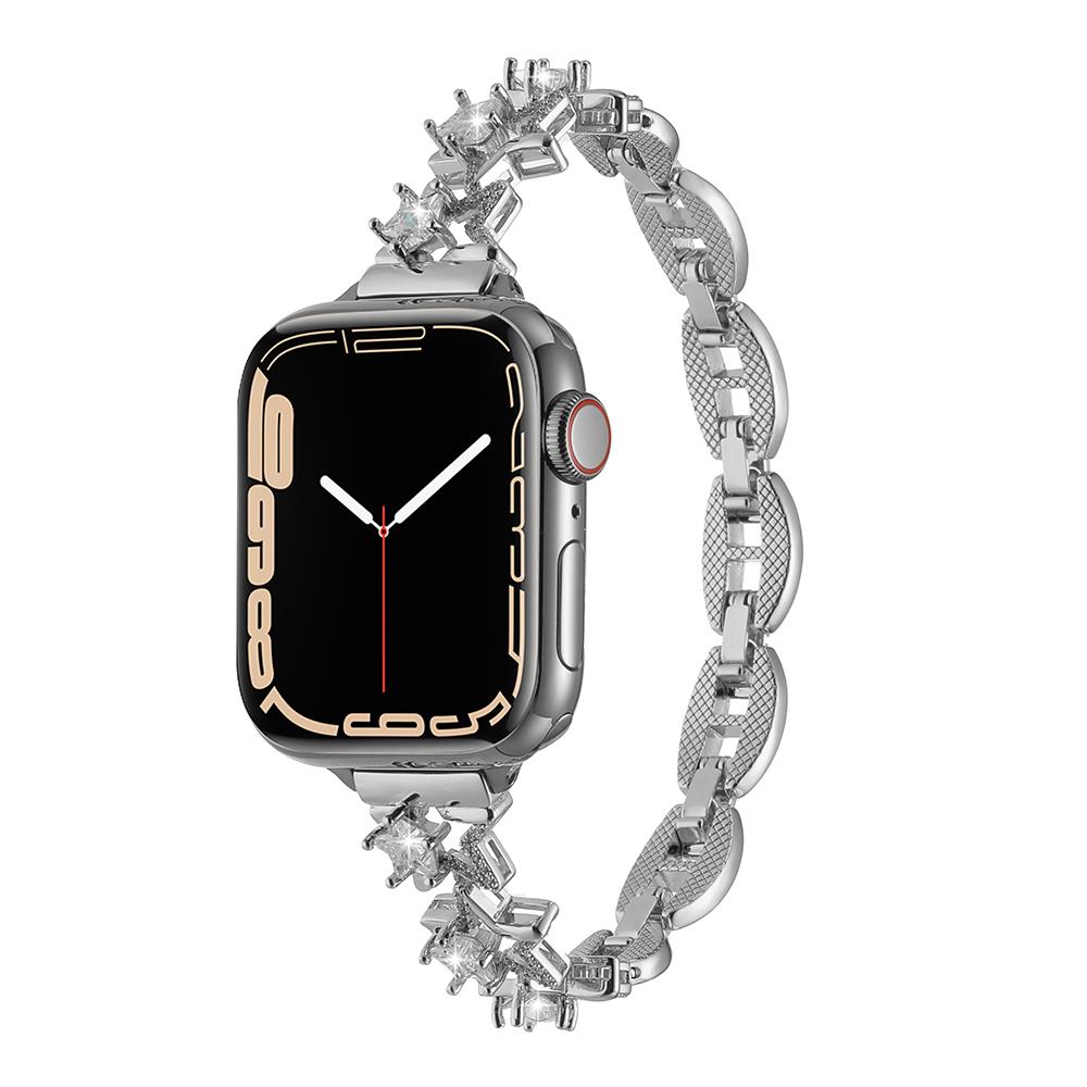 Apple Watch 7 8 9 41 mm uyumlu Zarif Taşlı Tasarım Metal Kordon New Collection Şık Kayış Gümüş