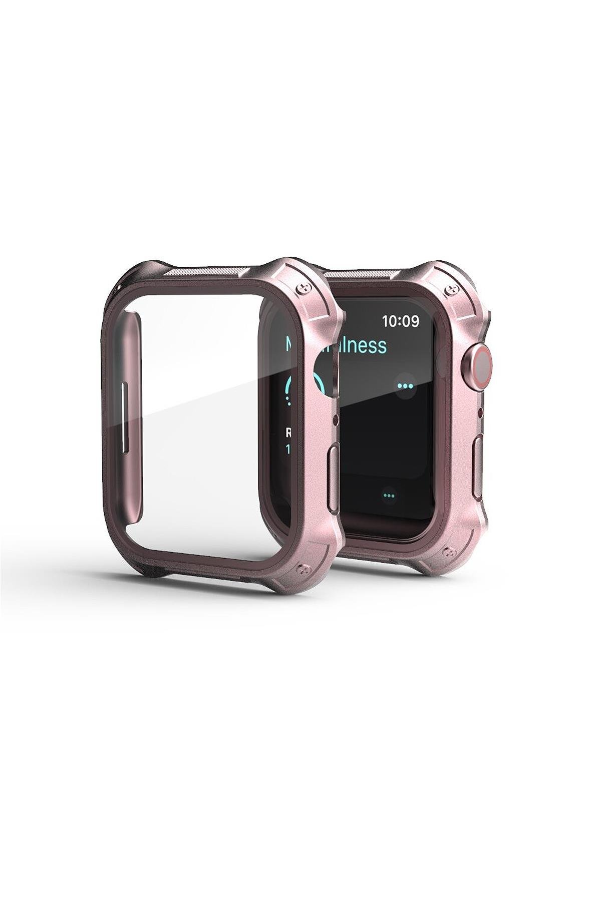 Apple Watch 8 45 mm uyumlu Ekran Koruyucu Anti-Shock Kasa Koruma Metalik Tasarım Tüm Gövde Kapak Rose Gold