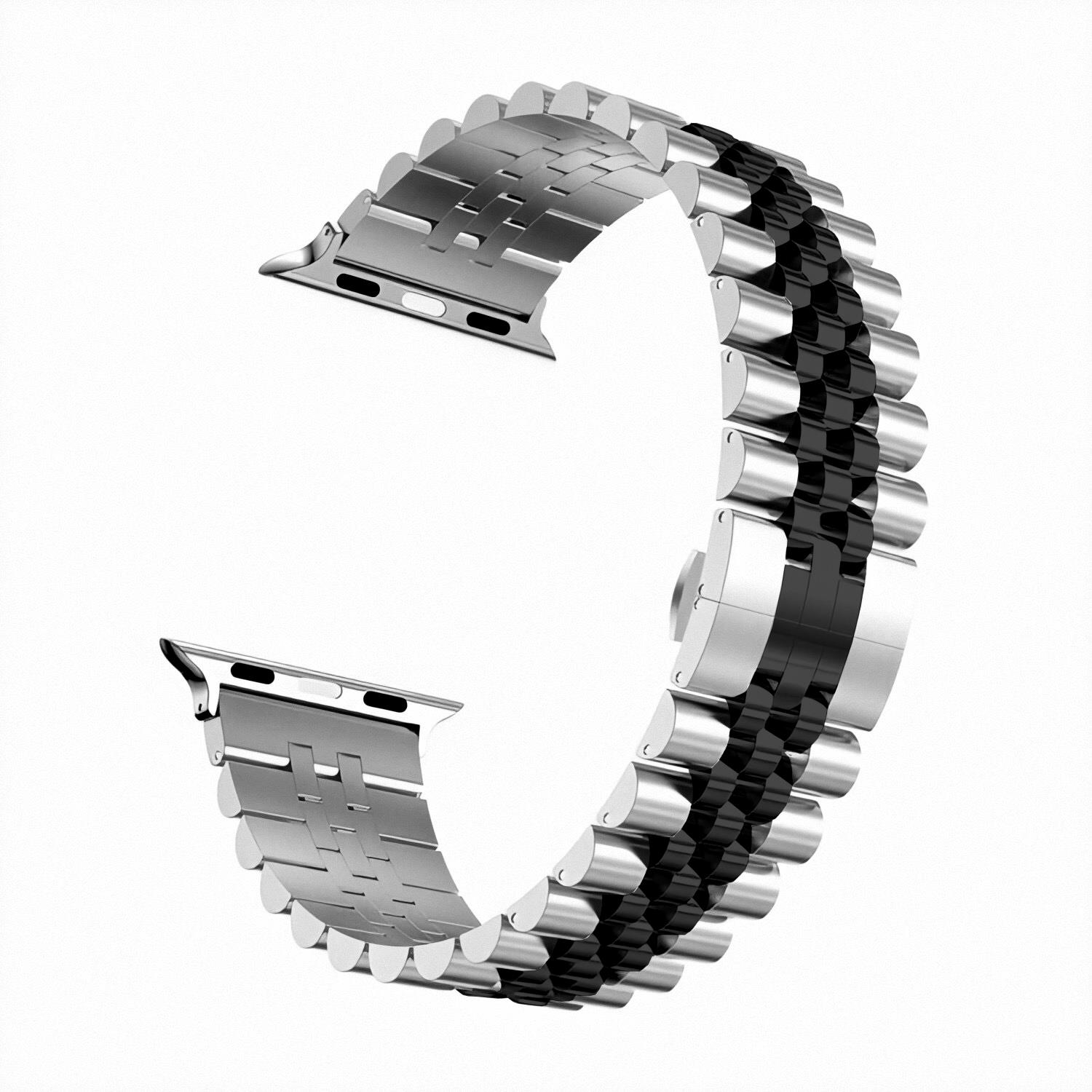 Apple Watch 7 6 SE 5 4 3 2 1 - 42 / 44 / 45 mm uyumlu Metal Kordon Rolex Style Kayış Jubilee Bilezik Siyah - Gümüş