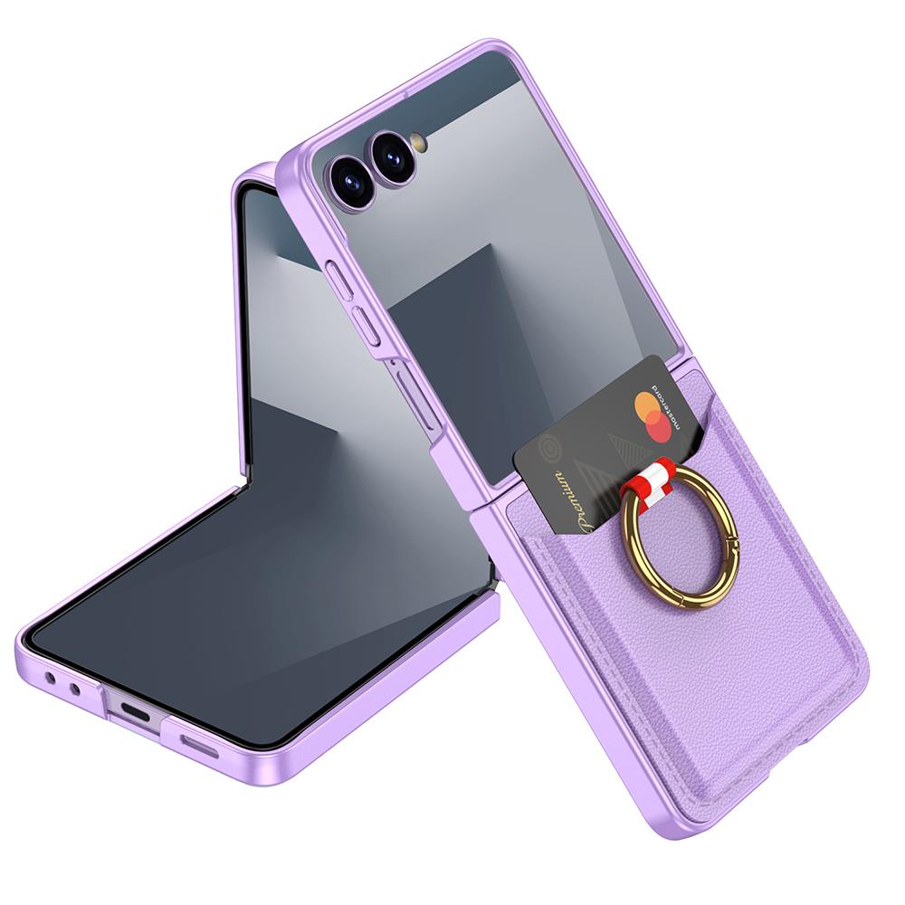 Galaxy Z Flip 7 uyumlu Yüzüklü Kartlıklı Kılıf Kamera Korumalı PU Deri Premium Kapak Lila