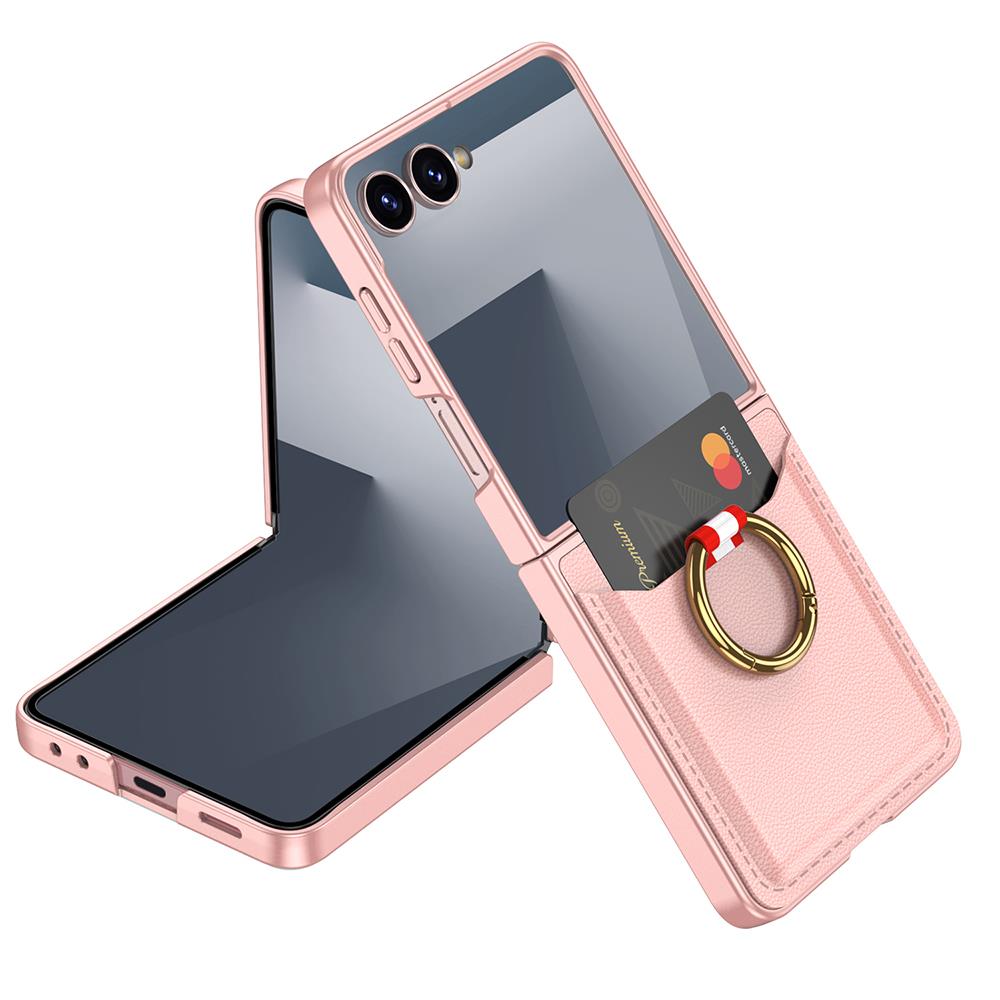 Galaxy Z Flip 7 uyumlu Yüzüklü Kartlıklı Kılıf Kamera Korumalı PU Deri Premium Kapak Pembe