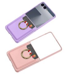 Galaxy Z Flip 7 uyumlu Yüzüklü Kartlıklı Kılıf Kamera Korumalı PU Deri Premium Kapak Pembe