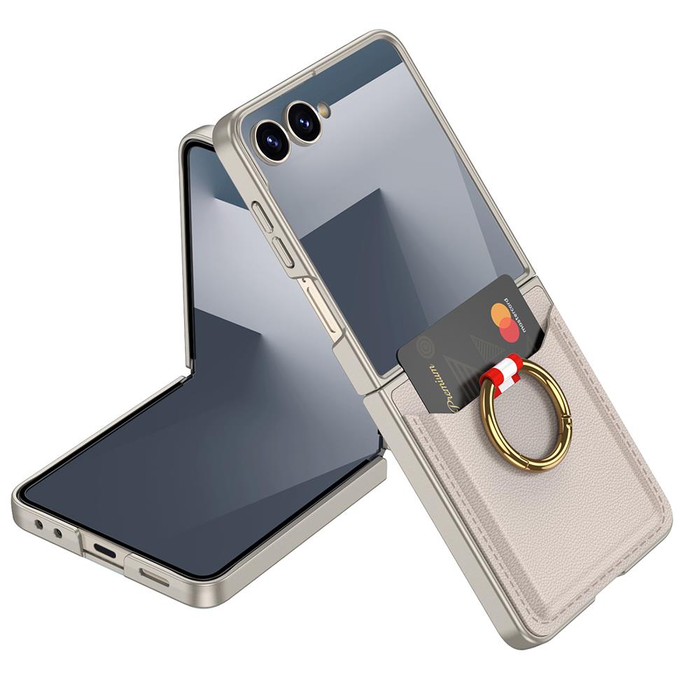 Galaxy Z Flip 7 uyumlu Yüzüklü Kartlıklı Kılıf Kamera Korumalı PU Deri Premium Kapak Titanyum