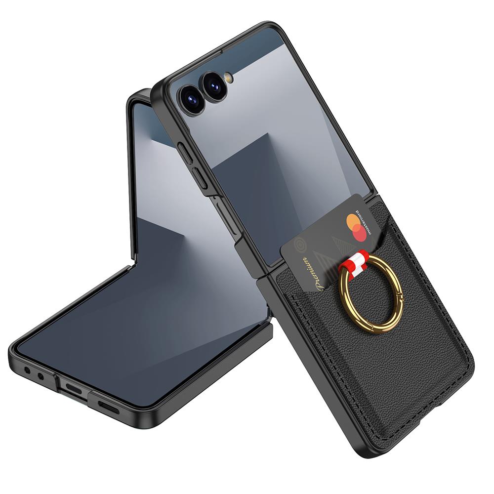 Galaxy Z Flip 7 uyumlu Yüzüklü Kartlıklı Kılıf Kamera Korumalı PU Deri Premium Kapak Siyah