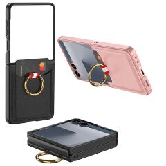 Galaxy Z Flip 7 uyumlu Yüzüklü Kartlıklı Kılıf Kamera Korumalı PU Deri Premium Kapak Siyah