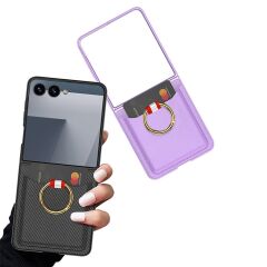 Galaxy Z Flip 7 uyumlu Yüzüklü Kartlıklı Kılıf Kamera Korumalı PU Deri Premium Kapak Siyah