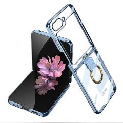 Samsung Galaxy Z Flip 6 uyumlu Yüzüklü Kılıf Premium Şeffaf Kapak Kamera Korumalı Metalik Kenarlı