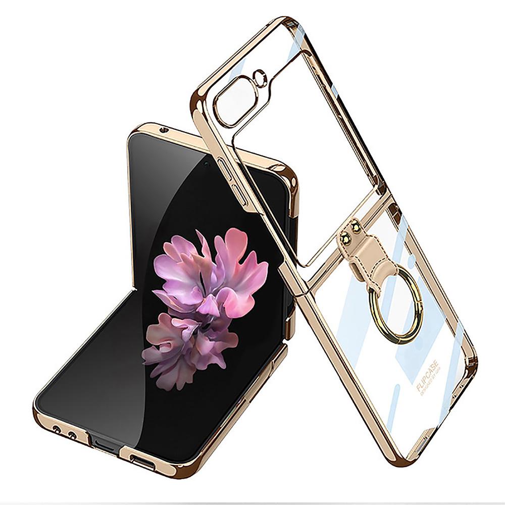 Samsung Galaxy Z Flip 6 uyumlu Yüzüklü Kılıf Premium Şeffaf Kapak Kamera Korumalı Metalik Kenarlı Gold