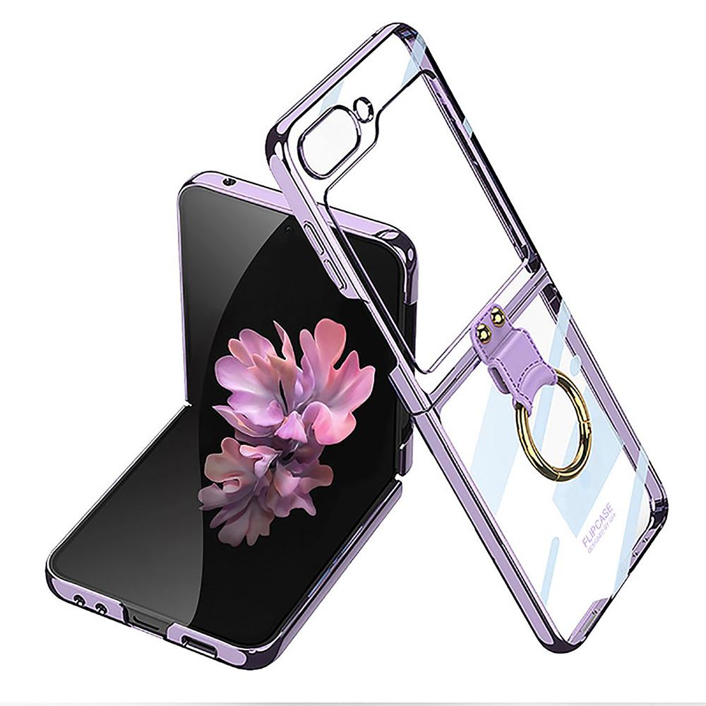 Samsung Galaxy Z Flip 6 uyumlu Yüzüklü Kılıf Premium Şeffaf Kapak Kamera Korumalı Metalik Kenarlı Lila