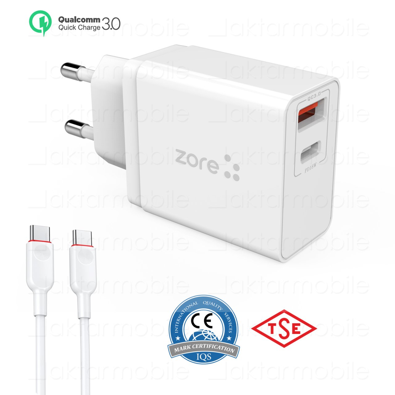 USB PD Hızlı Şarj Aleti Cihazı 3.4A + Type-C PD Kablo 18W QC 3.0