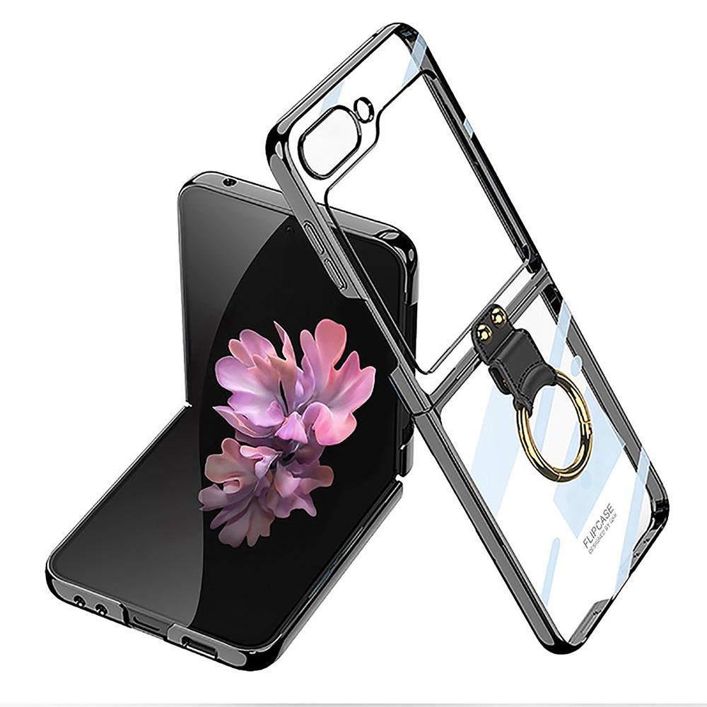 Samsung Galaxy Z Flip 6 uyumlu Yüzüklü Kılıf Premium Şeffaf Kapak Kamera Korumalı Metalik Kenarlı Siyah