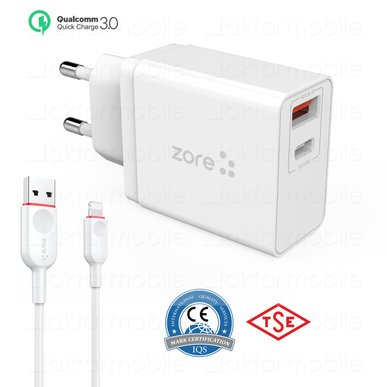 USB PD Hızlı Şarj Aleti Cihazı 3.4A + Lightning Kablo 18W QC 3.0