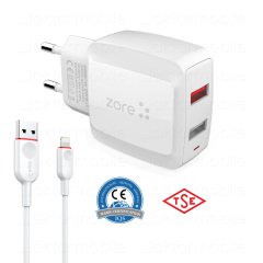 Çift USB 2.4A Hızlı Şarj Aleti + Lightning Kablo 2in1 Şarj Cihazı