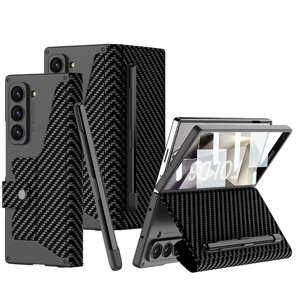 Samsung Galaxy Z Fold 6 uyumlu Kalemlikli Standlı Kılıf Kamera Korumalı Çıtçıtlı Premium Kapak Siyah Karbon