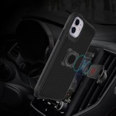 iPhone 11 uyumlu Kılıf Metal Yüzüklü Karbon Fiber Desenli Kapak Spor Tasarım Darbe Emici