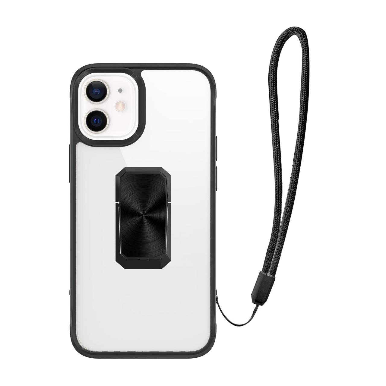 iPhone 12 uyumlu Kılıf Metal Yüzüklü El Askılı Şeffaf Parlak Kapak Şık Tasarım Darbe Emici