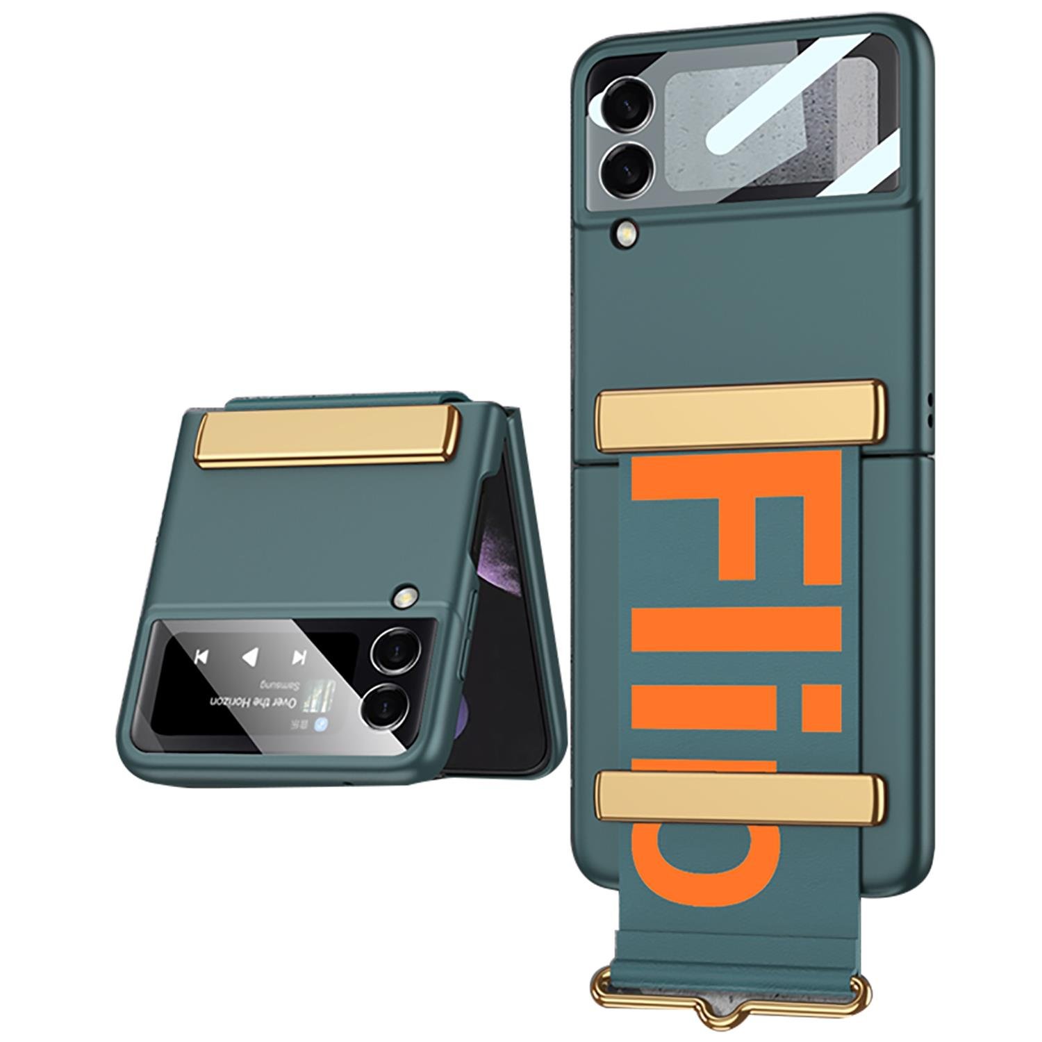 Samsung Galaxy Z Flip 3 Tasarım Kılıf Premium Kapak Flio Kayar Bantlı Metal Tokalı Tam Uyumlu Yeşil