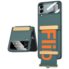 Samsung Galaxy Z Flip 3 Tasarım Kılıf Premium Kapak Flio Kayar Bantlı Metal Tokalı Tam Uyumlu Yeşil