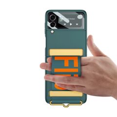 Samsung Galaxy Z Flip 3 Tasarım Kılıf Premium Kapak Flio Kayar Bantlı Metal Tokalı Tam Uyumlu Yeşil