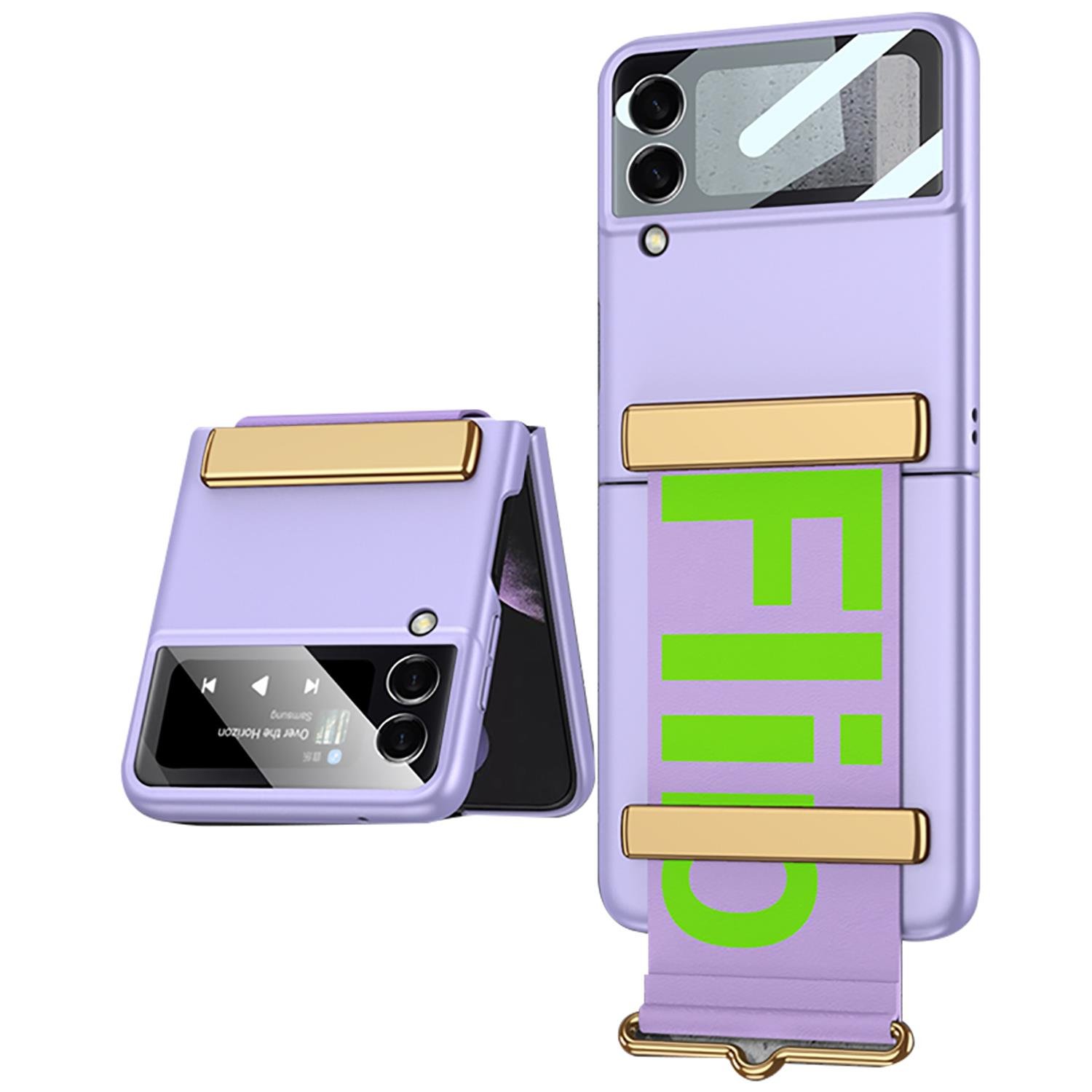 Samsung Galaxy Z Flip 3 Tasarım Kılıf Premium Kapak Flio Kayar Bantlı Metal Tokalı Tam Uyumlu Mor