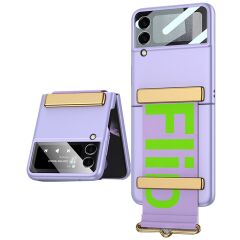 Samsung Galaxy Z Flip 3 Tasarım Kılıf Premium Kapak Flio Kayar Bantlı Metal Tokalı Tam Uyumlu Mor