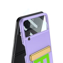 Samsung Galaxy Z Flip 3 Tasarım Kılıf Premium Kapak Flio Kayar Bantlı Metal Tokalı Tam Uyumlu Mor