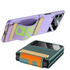 Samsung Galaxy Z Flip 3 Tasarım Kılıf Premium Kapak Flio Kayar Bantlı Metal Tokalı Tam Uyumlu Mor
