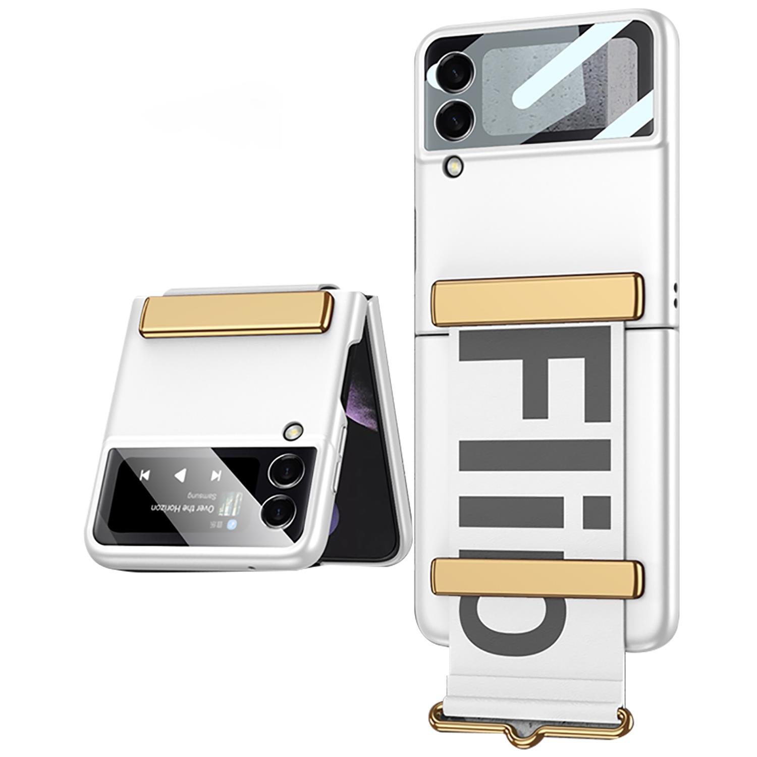 Samsung Galaxy Z Flip 3 Tasarım Kılıf Premium Kapak Flio Kayar Bantlı Metal Tokalı Tam Uyumlu Beyaz