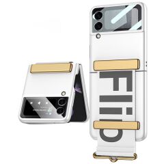 Samsung Galaxy Z Flip 3 Tasarım Kılıf Premium Kapak Flio Kayar Bantlı Metal Tokalı Tam Uyumlu Beyaz